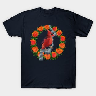 Northern Cardinal Bird on Red Roses T-Shirt